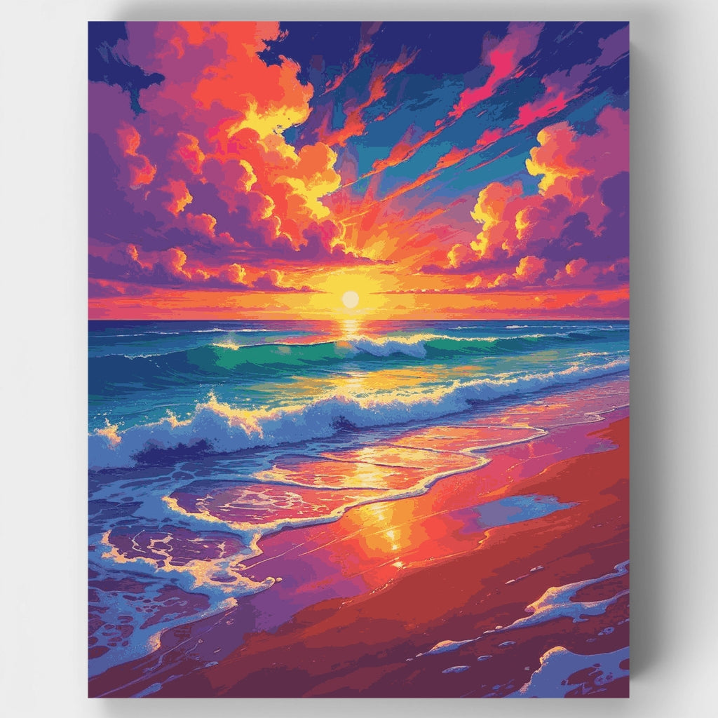 Kit de pintura por números: Olas vibrantes en playa al atardecer — Estándar