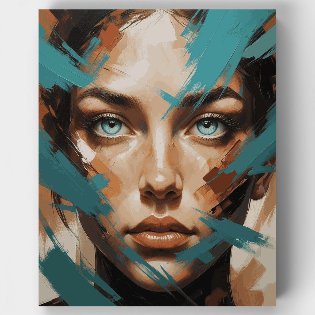 Abstract Portrait with Turquoise Brushstrokes - Paint by Numbers Kit