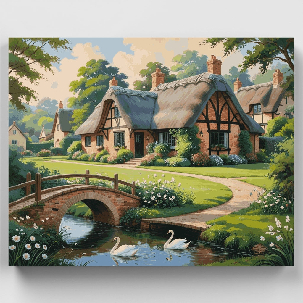 Pueblo de cabañas inglés con cisnes - Kit de pintura por números — Estándar
