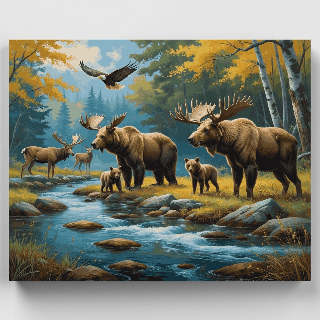 Escena de fauna silvestre en el bosque con osos y alces - Kit de pintura por números — Estándar