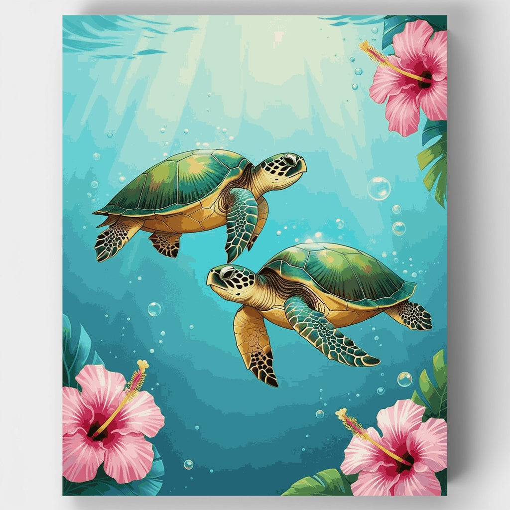 Tortugas marinas nadando con flores de hibisco - Kit de pintura por números — Estándar