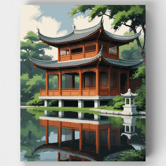Traditional Chinese Pagoda by the Lake - Paint by Numbers Kit