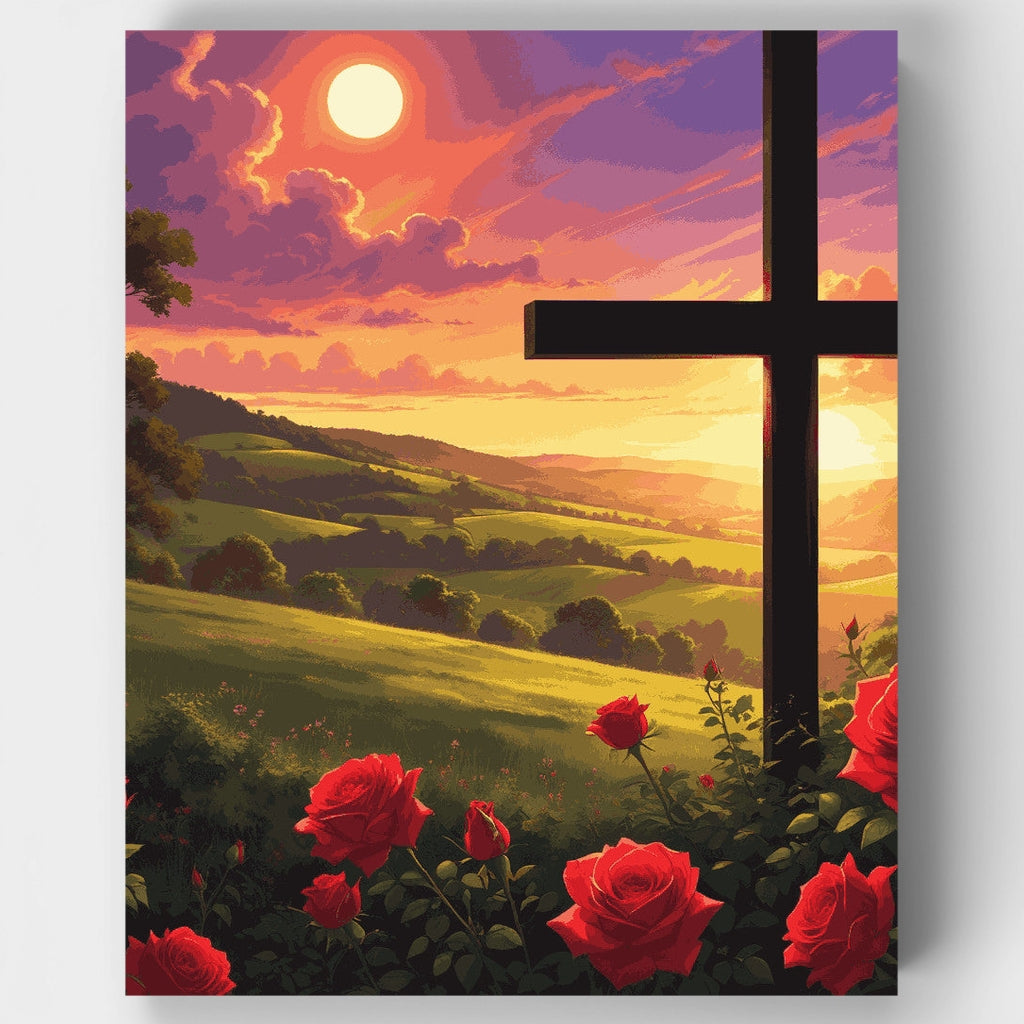 Kit de pintura por números: Atardecer con cruz y rosas — Estándar