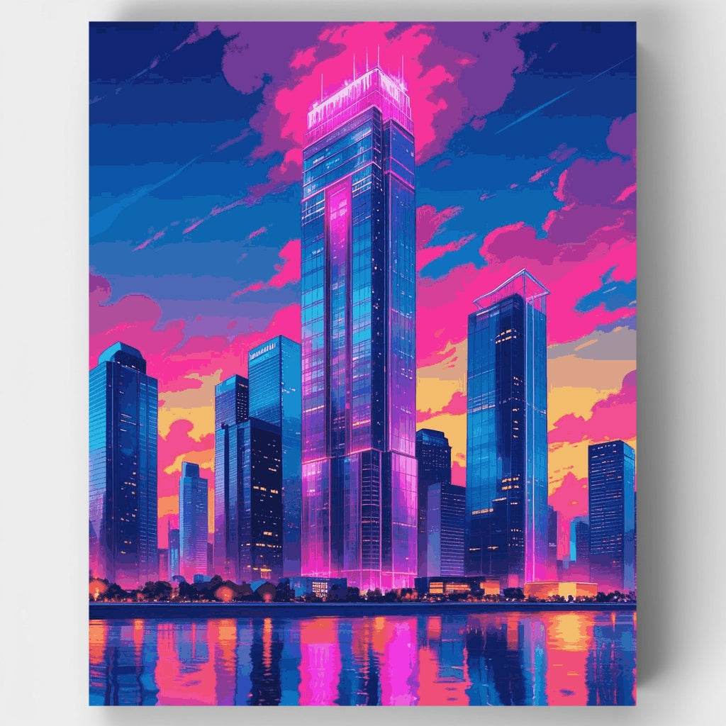 Kit de pintura por números: Horizonte de ciudad ciberpunk de neón — Estándar