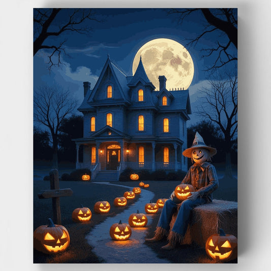 Halloween House with Pumpkins and Scarecrow - Paint by Numbers Kit