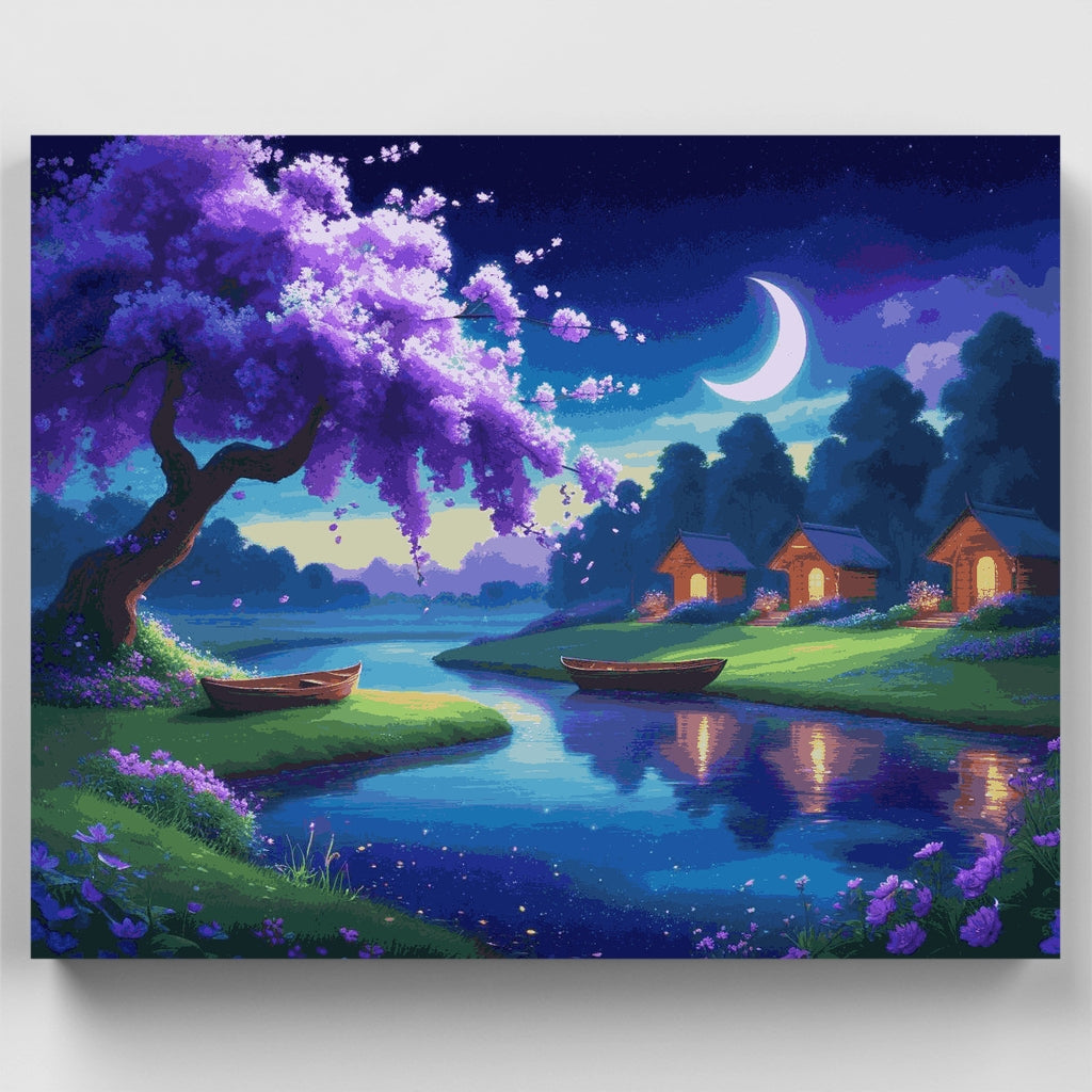 Cabañas a la orilla del lago bajo la luz de la luna - Kit de pintura por números — Estándar