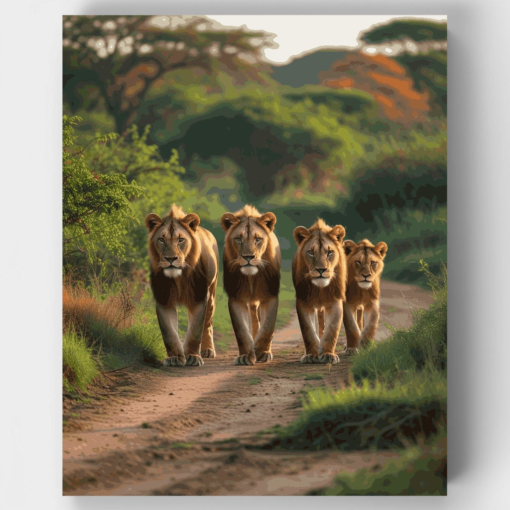 Leones caminando en un sendero de safari - Kit de pintura por números — Estándar