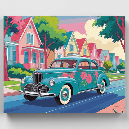 Retro Turquoise Car in Pastel Neighborhood - Paint by Numbers Kit