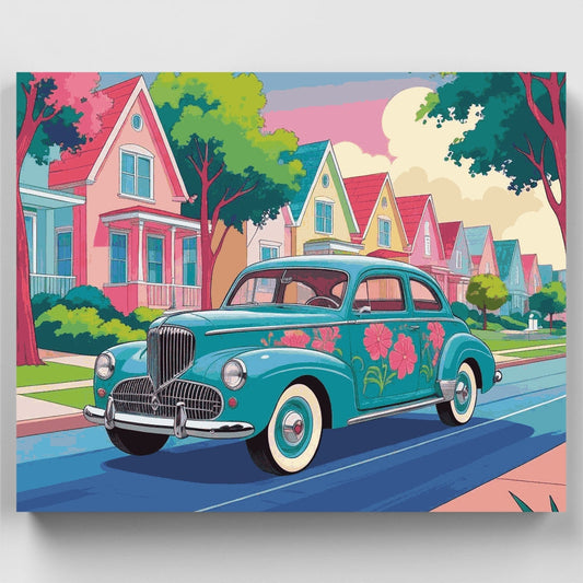 Retro Turquoise Car in Pastel Neighborhood - Paint by Numbers Kit