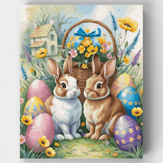 Easter Bunnies with Decorated Eggs - Paint by Numbers Kit