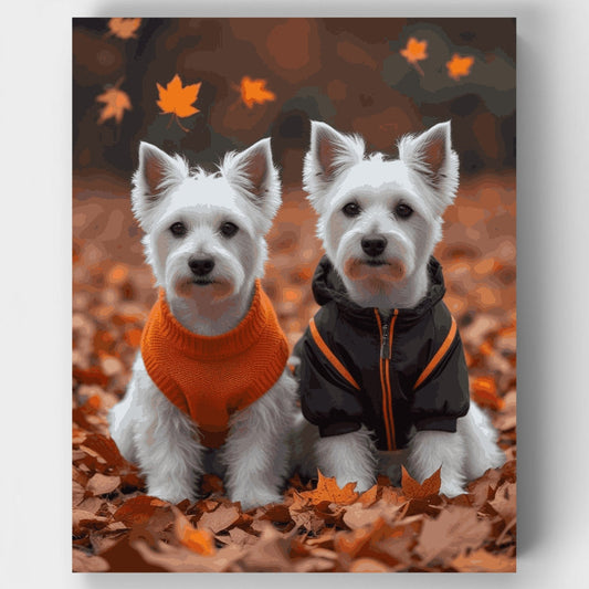 Two Adorable Westies in Autumn Leaves - Paint by Numbers Kit