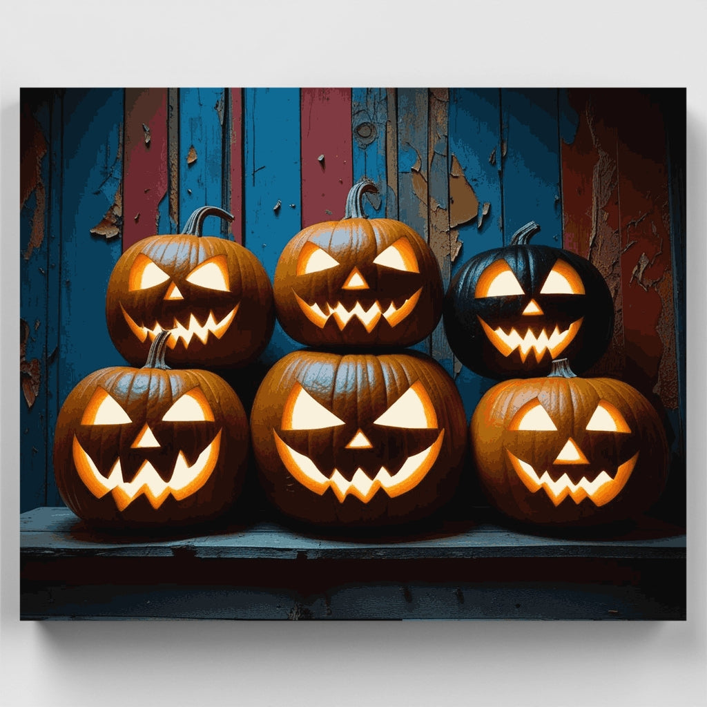 Kit de pintura por números: Pila de calabazas Jack-o'-Lantern iluminadas — Estándar