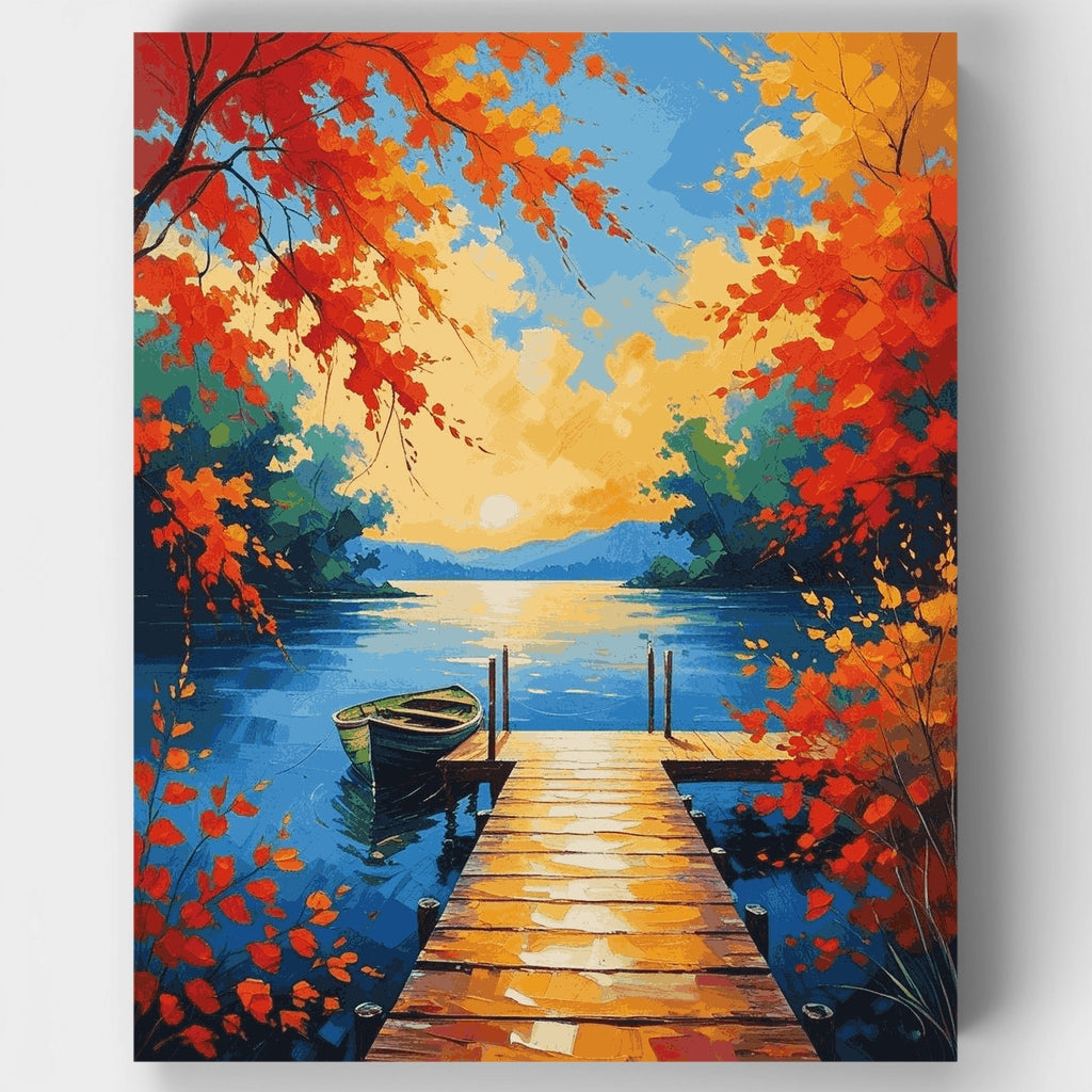 Muelle en el lago en otoño con bote - Kit de pintura por números — Estándar