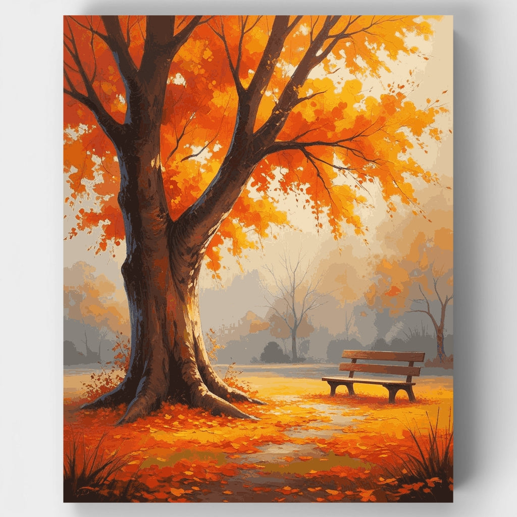Banco de parque en otoño bajo un árbol dorado - Kit de pintura por números — Estándar