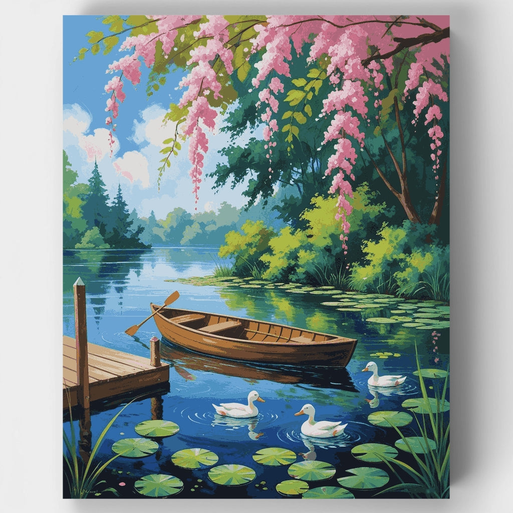 Lago tranquilo con flores de cerezo - Kit de pintura por números — Estándar