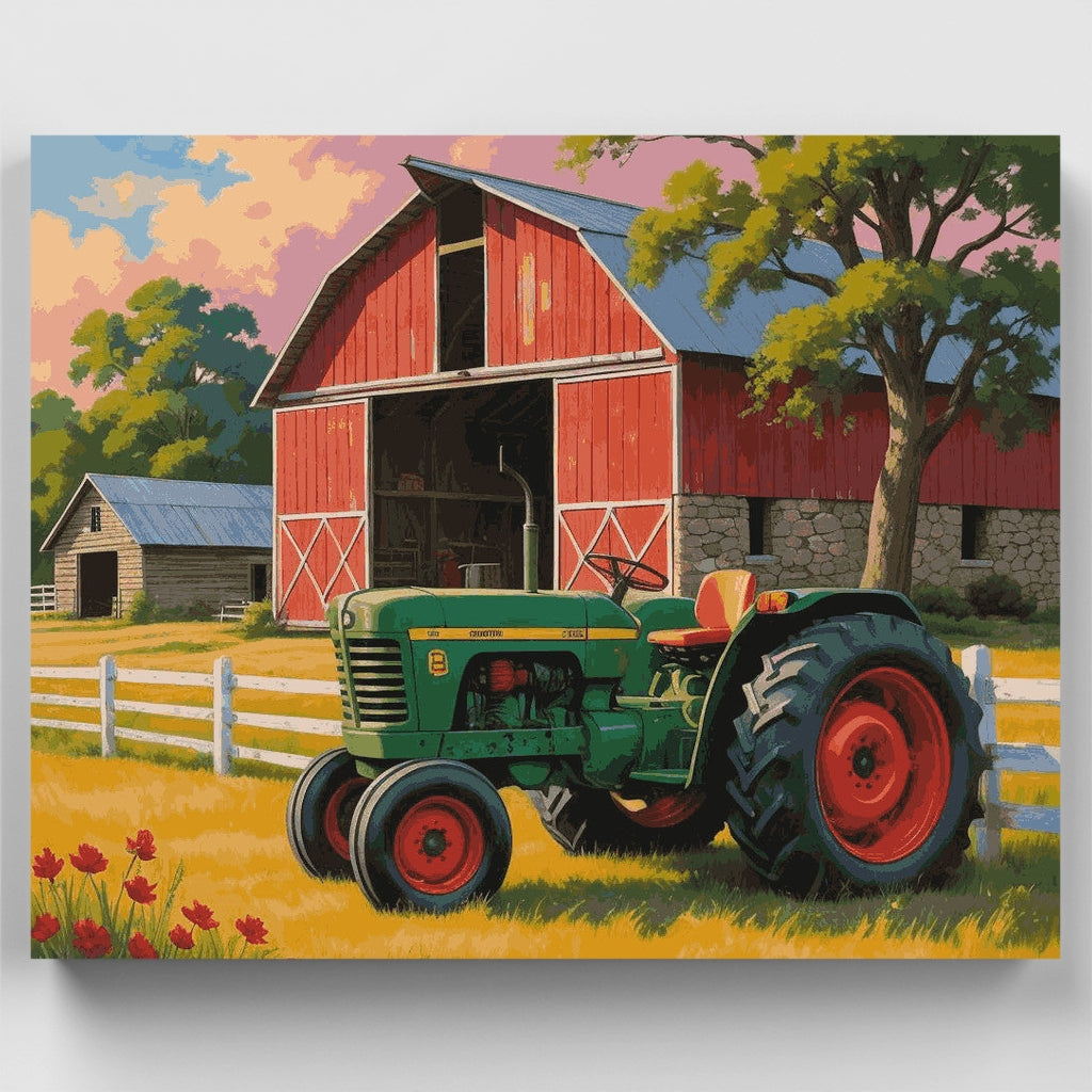 Granero rural y tractor verde - Kit de pintura por números — Estándar