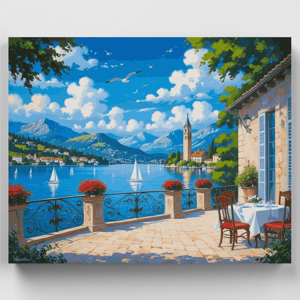Kit de pintura por números: Vista de la terraza en un lago italiano — Estándar