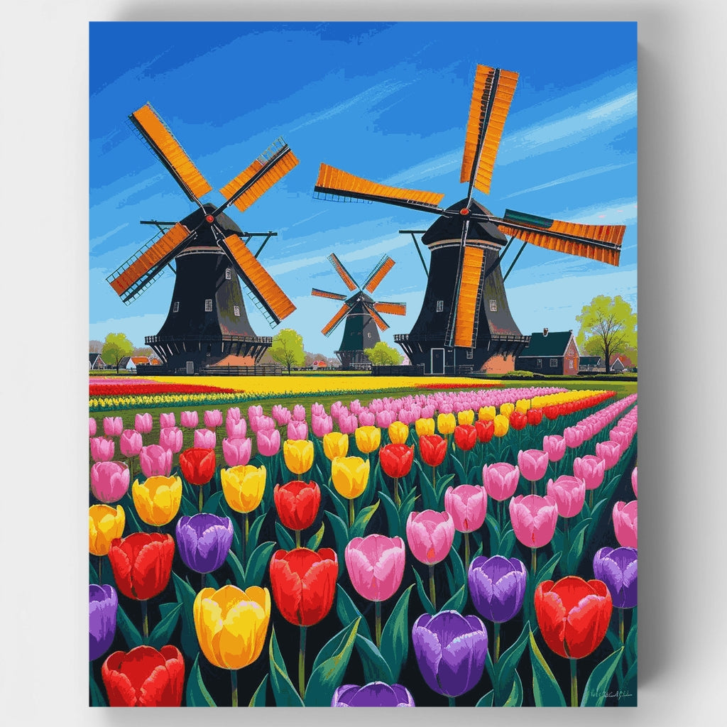 Molinos de viento holandeses y campos de tulipanes - Kit de pintura por números — Estándar