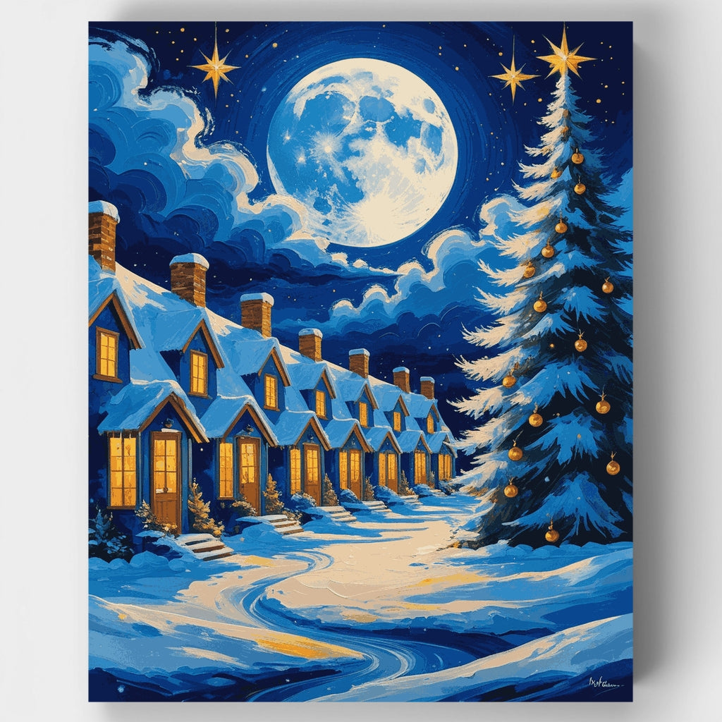 Kit de pintura por números - Aldea bajo la luz de la luna invernal — Estándar
