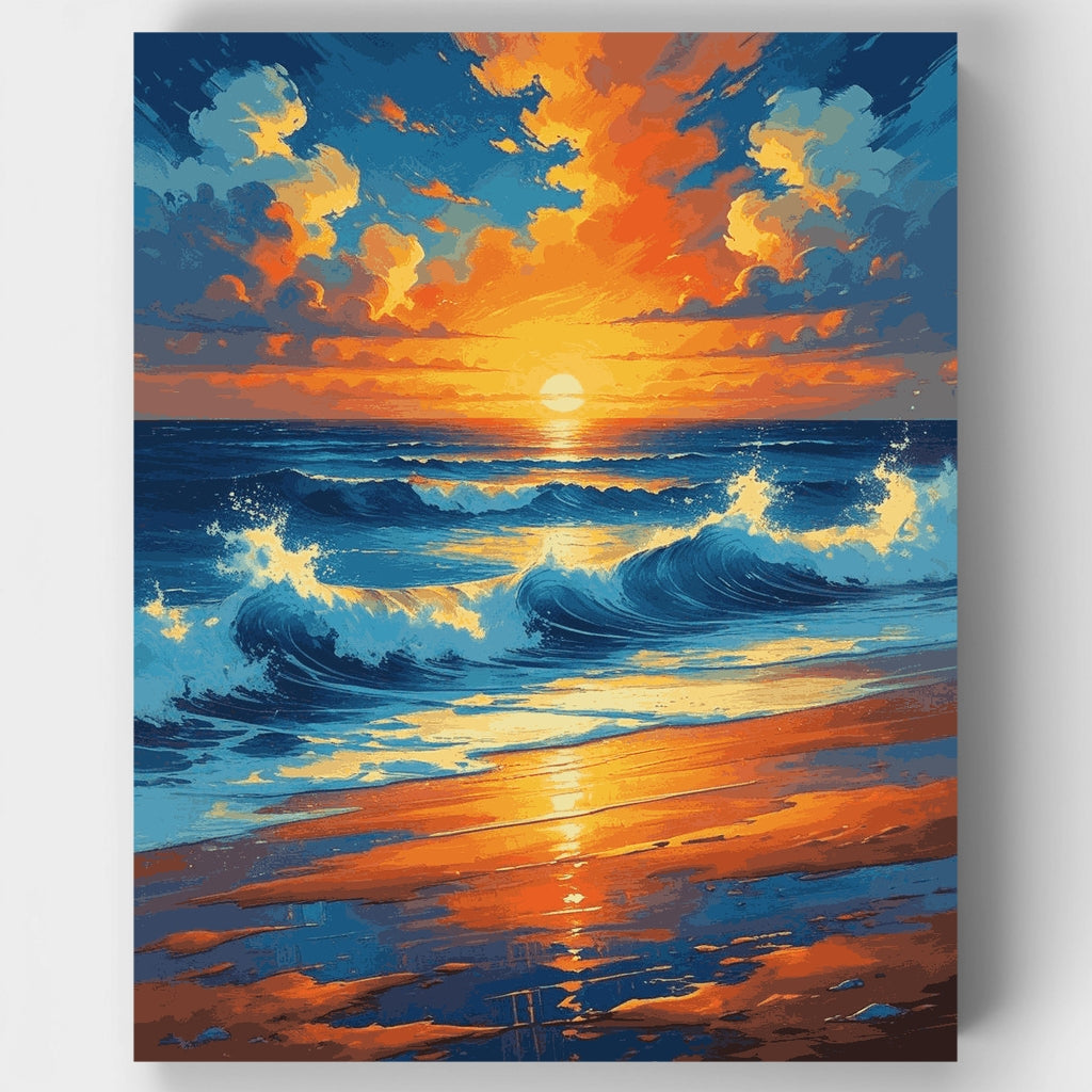 Kit de pintura por números: Olas al atardecer en el océano vibrante — Estándar
