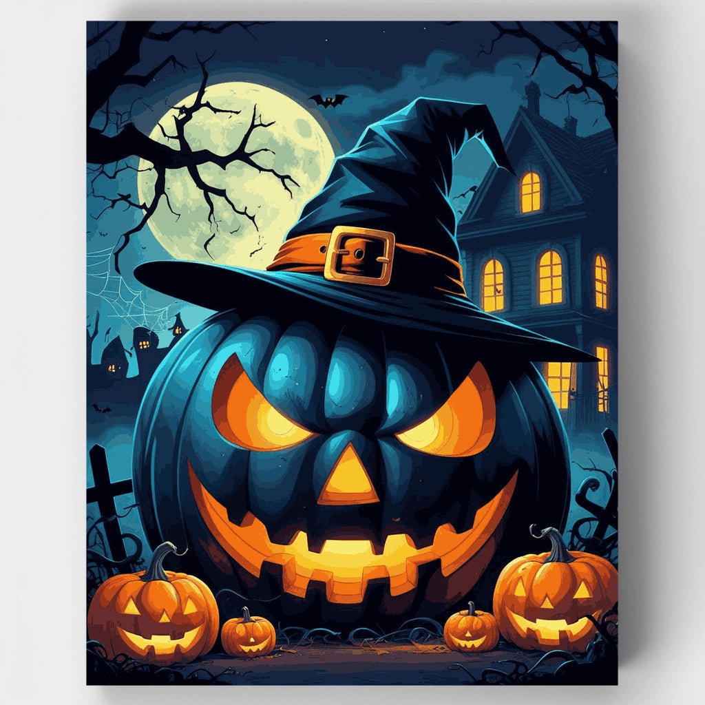 Escena de Halloween con calabaza tallada y sombrero de bruja - Kit de pintura por números — Estándar