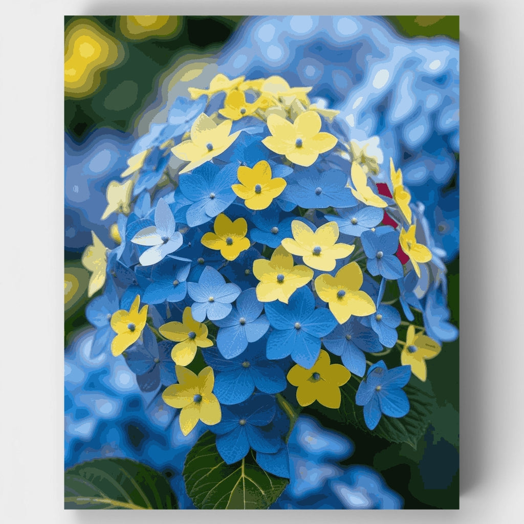 Kit de pintura por números: Enfoque en hortensias azules y amarillas — Estándar