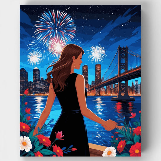 Fireworks Over City Bridge - Paint by Numbers Kit