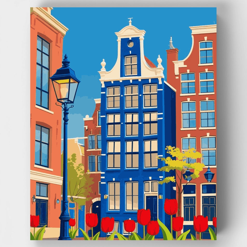 Casas de los canales de Ámsterdam con tulipanes rojos - Kit de pintura por números — Estándar