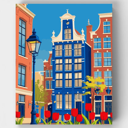 Amsterdam Canal Houses with Red Tulips - Paint by Numbers Kit