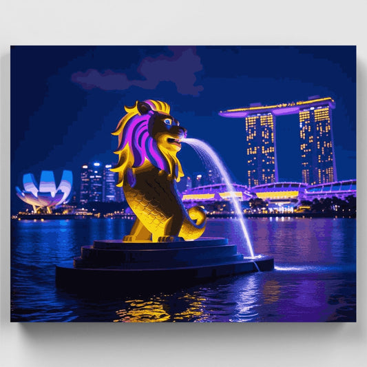 Singapore Merlion Fountain at Night - Paint by Numbers Kit