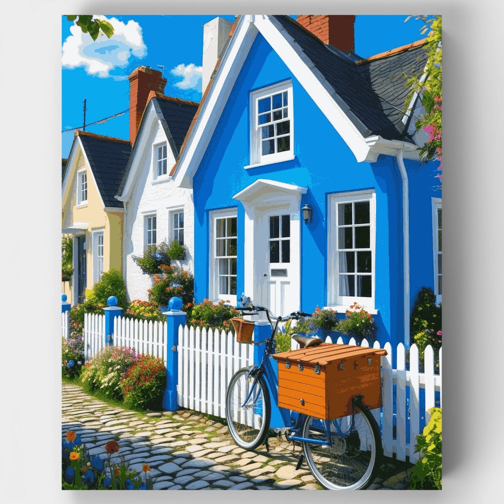Kit de pintura por números - Encantadora casita azul en la calle — Estándar