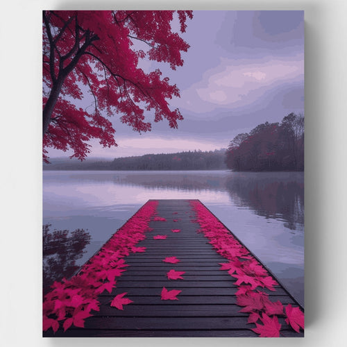 Autumn Lake Dock with Pink Maple Leaves - Paint by Numbers Kit