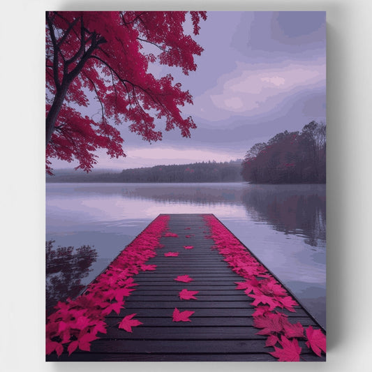 Autumn Lake Dock with Pink Maple Leaves - Paint by Numbers Kit