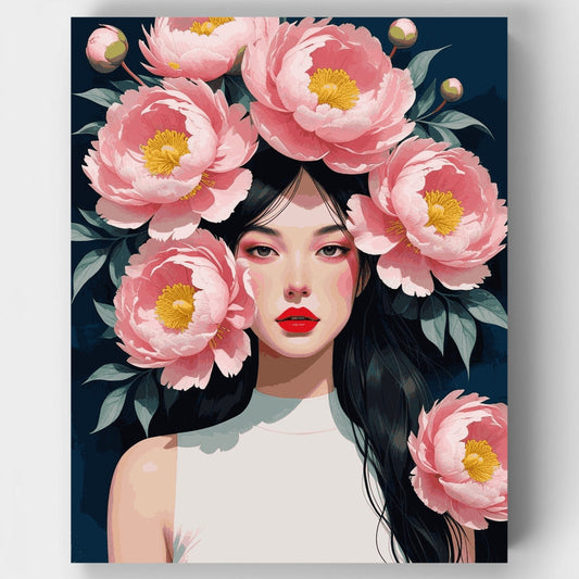 Woman with Pink Peonies Portrait - Paint by Numbers Kit