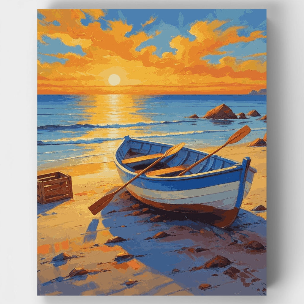 Kit de pintura por números - Bote de remos en la orilla dorada — Estándar