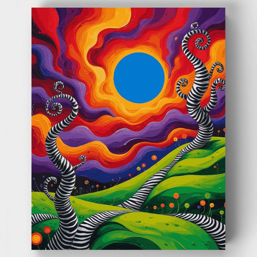 Whimsical Striped Trees Under Colorful Sky - Paint by Numbers Kit