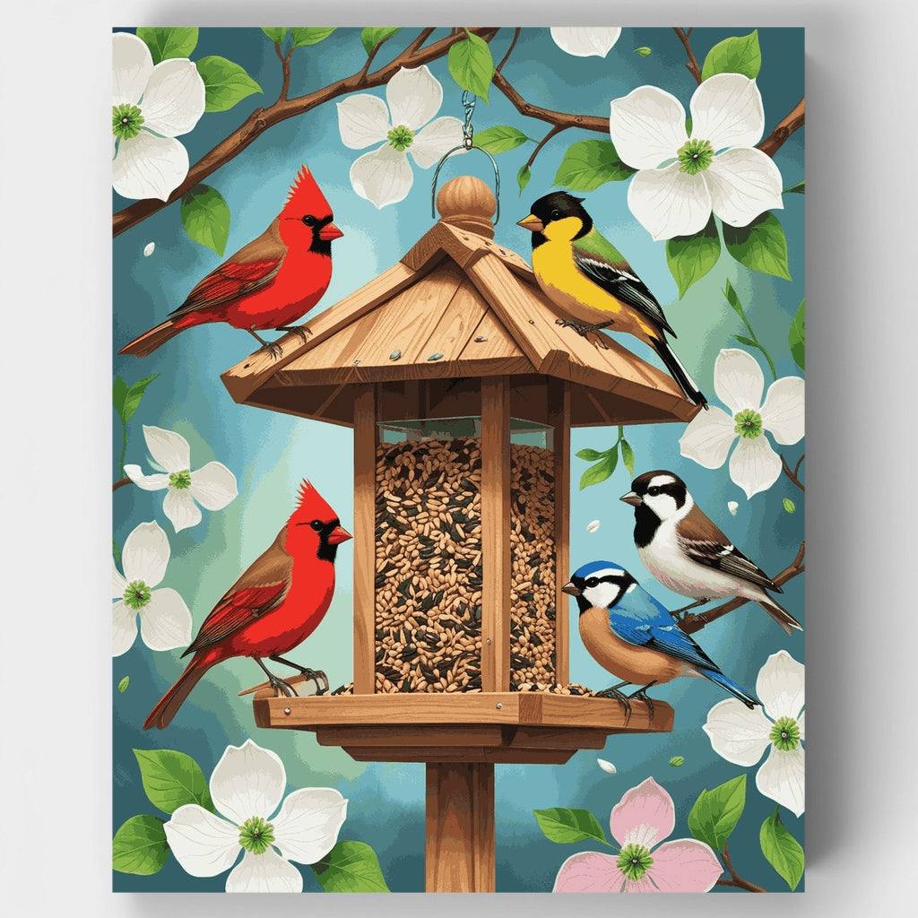 Comedero para pájaros entre flores primaverales - Kit de pintura por números — Estándar