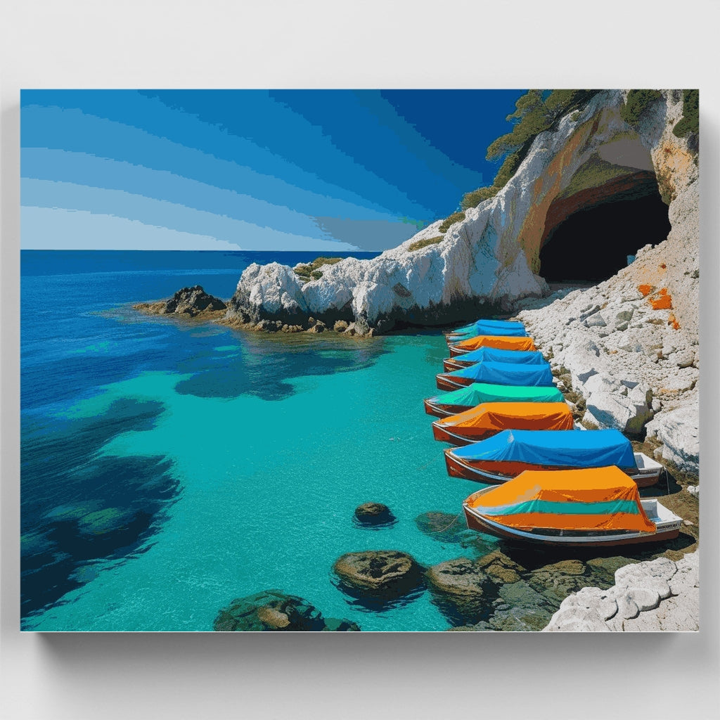Caleta costera mediterránea con barcas de colores - Kit de pintura por números — Estándar