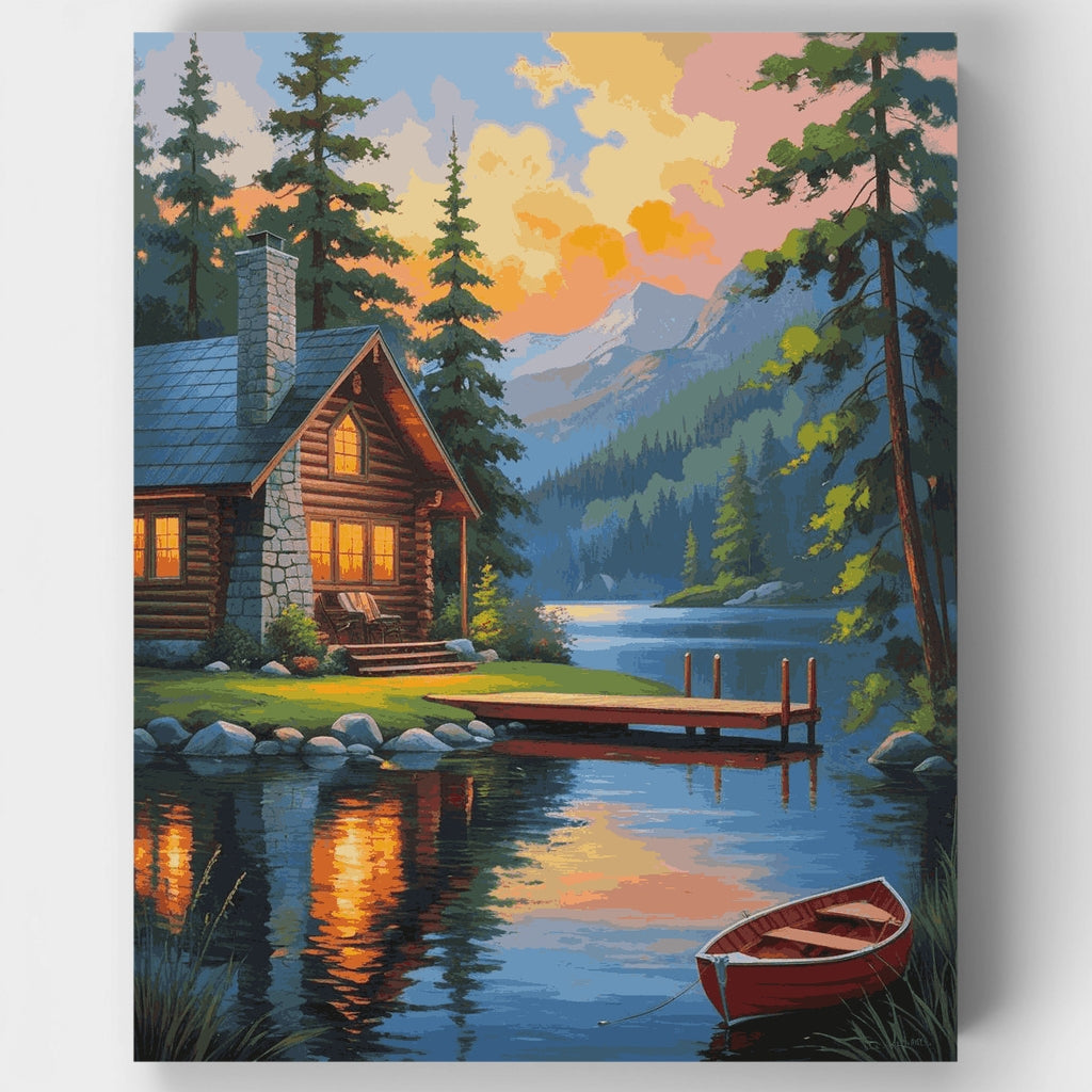 Kit de pintura por números: Atardecer en la cabaña del lago de montaña — Estándar