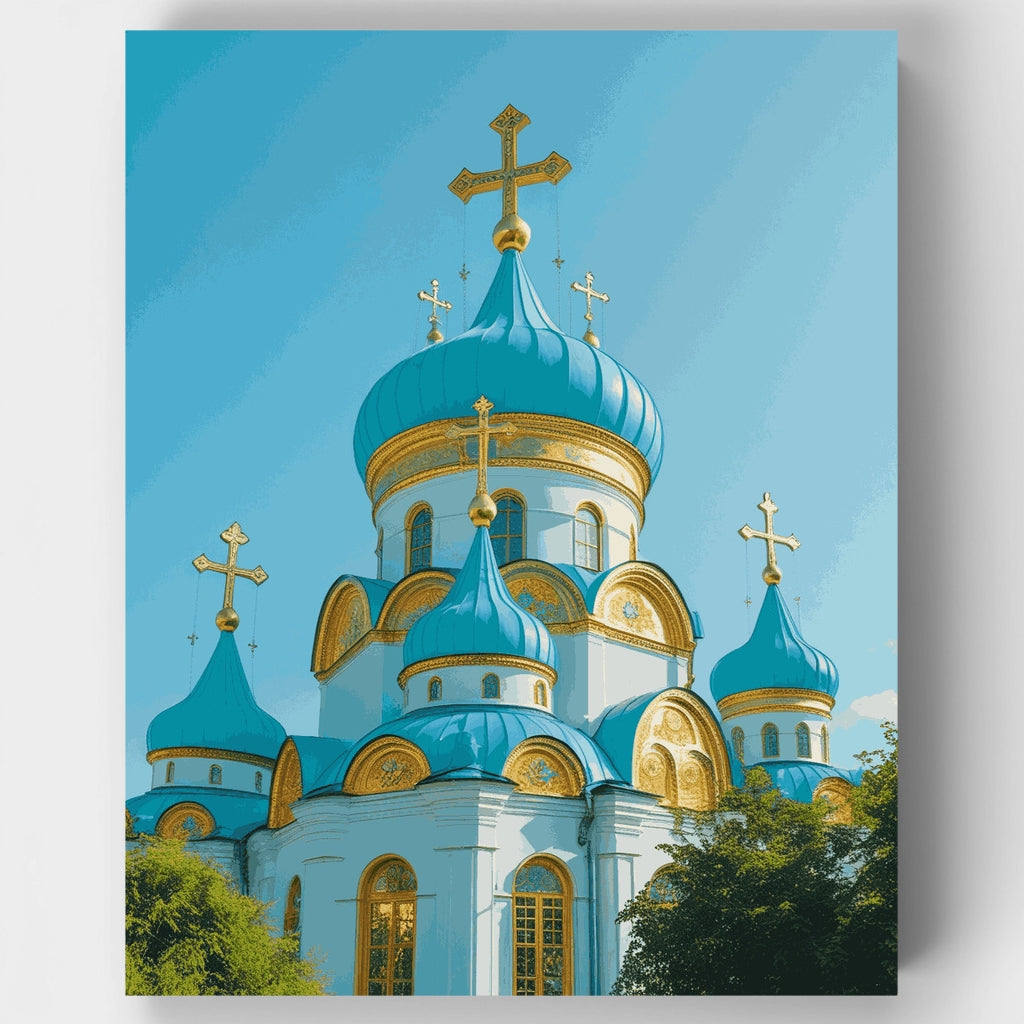 Iglesia dorada ortodoxa con cúpulas azules - Kit de pintura por números — Estándar