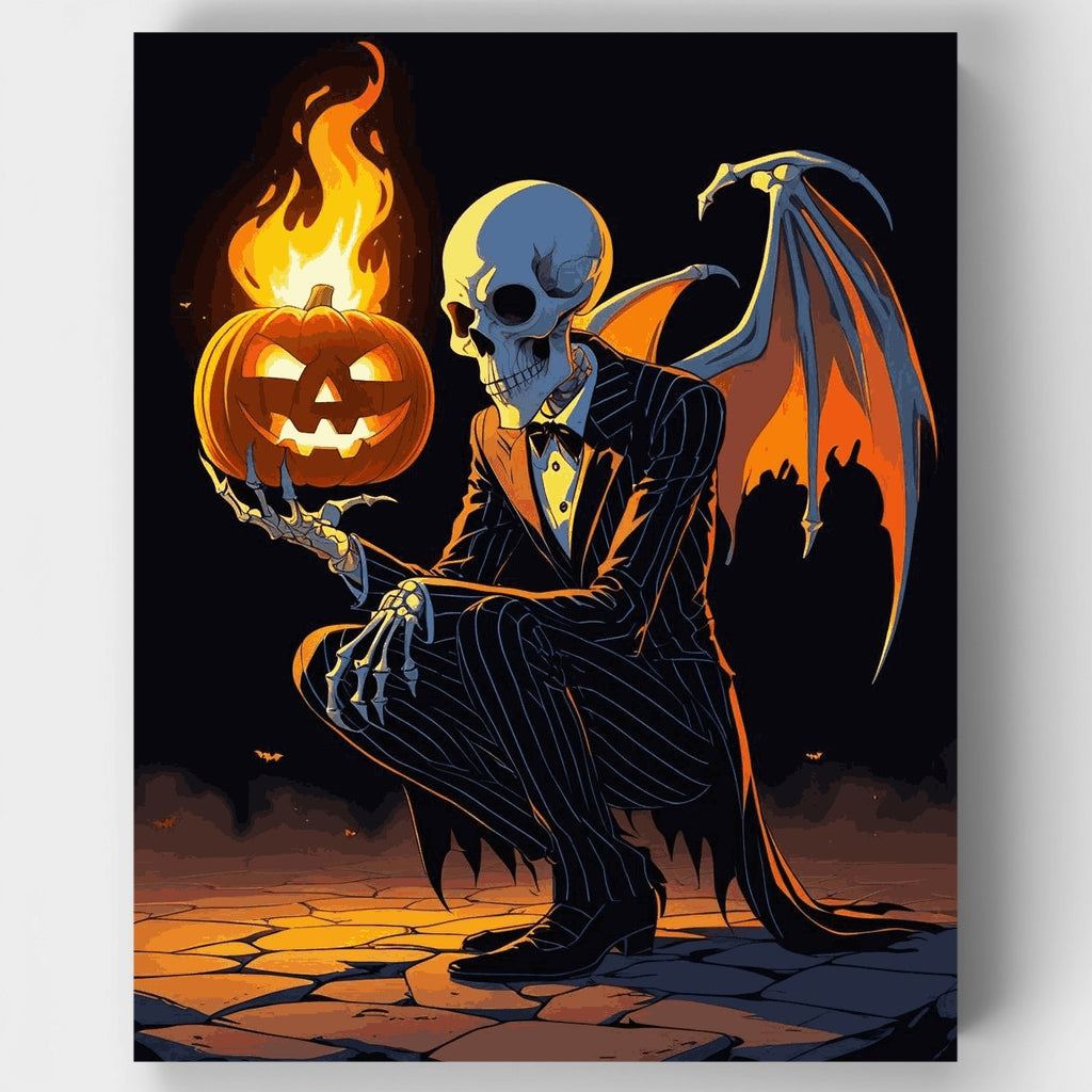 Skeletal Gentleman with Flaming Pumpkin - Paint by Numbers Kit
