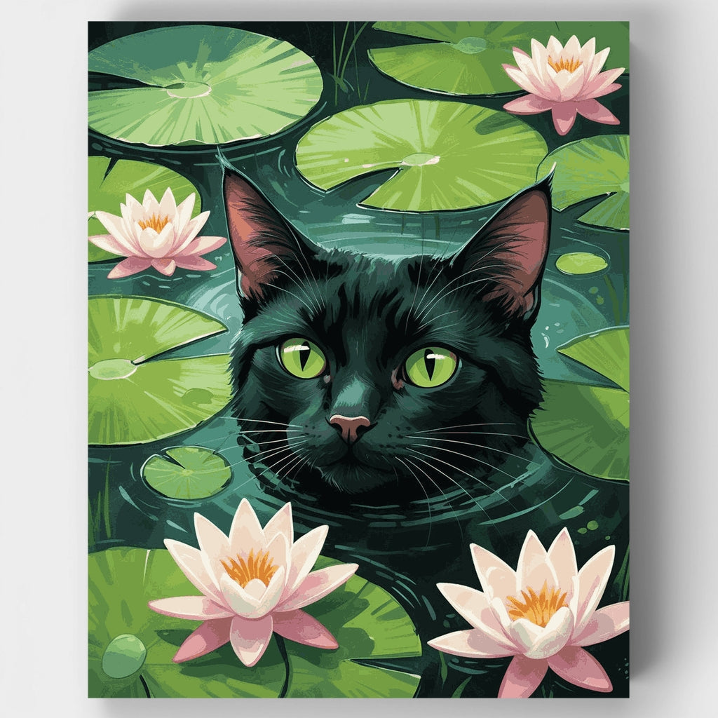 Gato negro nadando entre nenúfares - Kit de pintura por números — Estándar