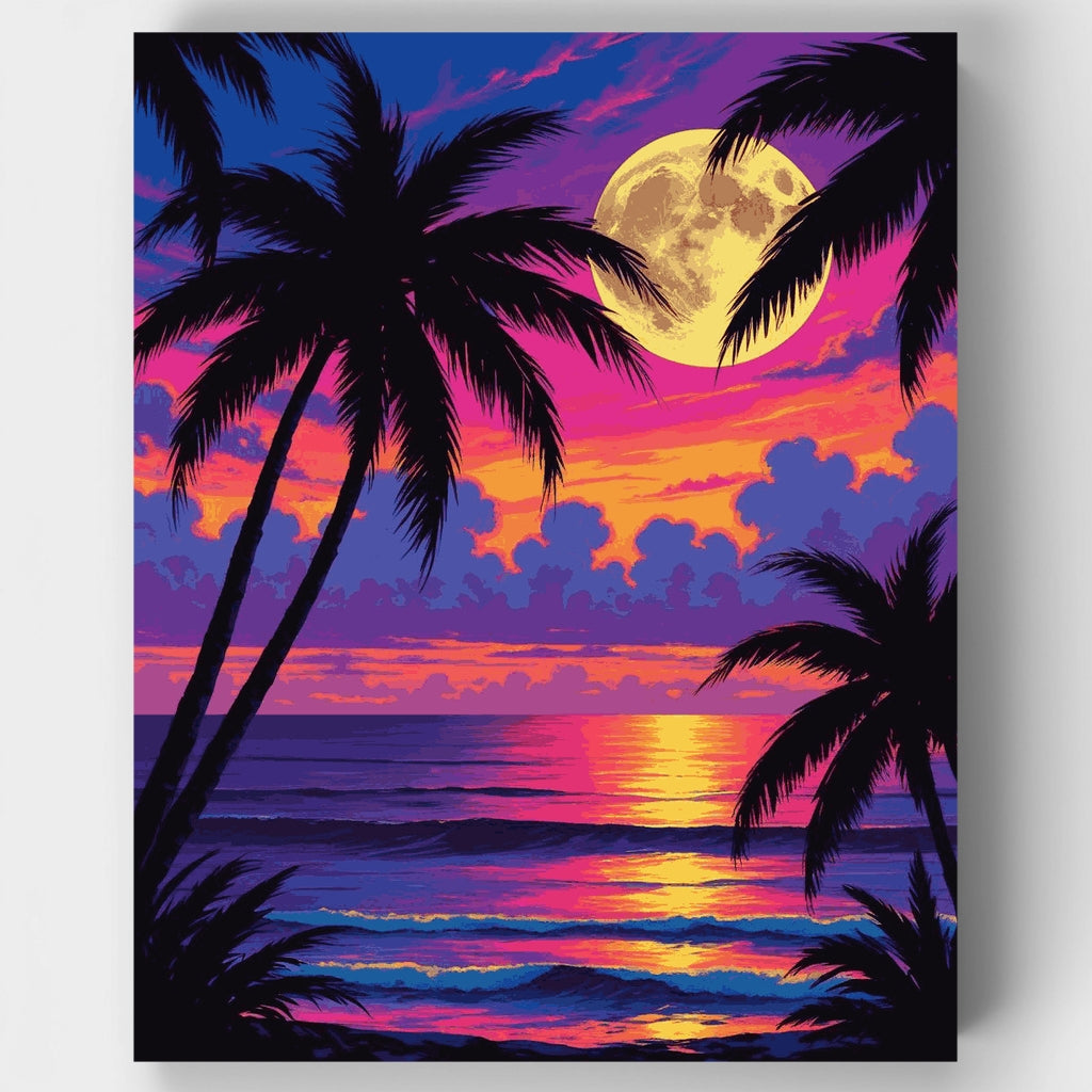 Atardecer vibrante en playa tropical con palmeras - Kit de pintura por números — Estándar