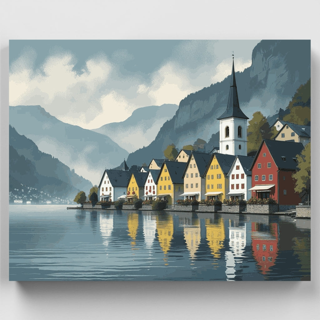 Pueblo junto al lago de Hallstatt - Kit de pintura por números — Estándar