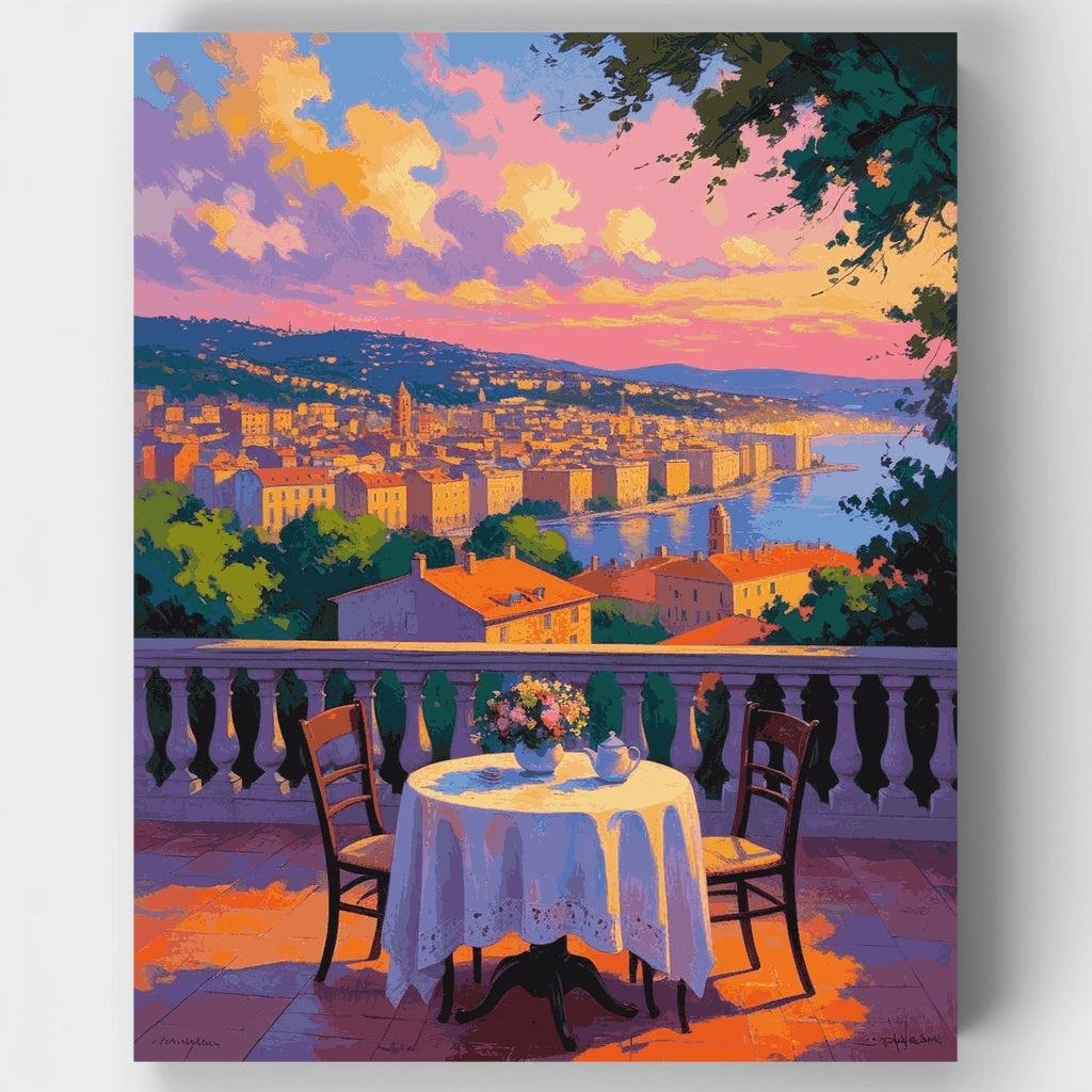 Terraza al atardecer en el Mediterráneo: kit de pintura por números — Estándar