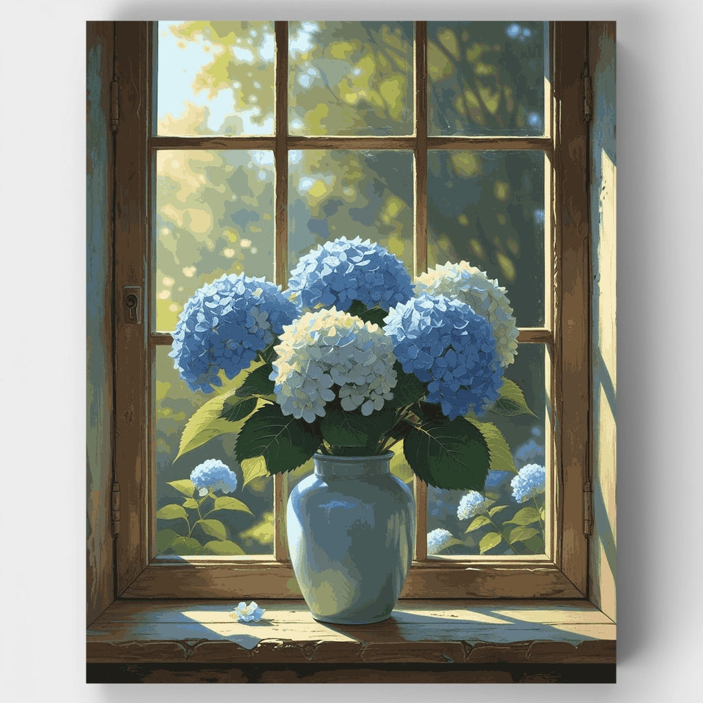 Hortensias azules junto a la ventana - Kit de pintura por números — Estándar