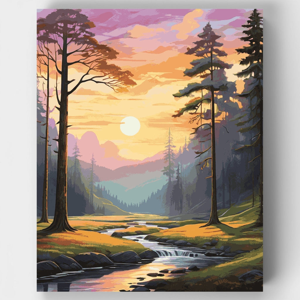 Arroyo en el bosque iluminado por el sol - Kit de pintura por números — Estándar