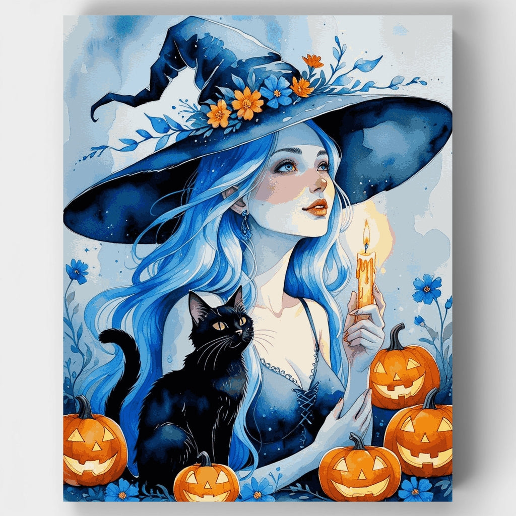Escena de Halloween de bruja de pelo azul con gato negro - Kit de pintura por números — Estándar