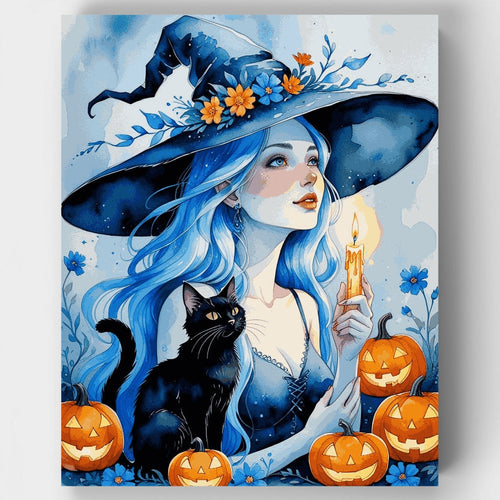 Blue-Haired Witch with Black Cat Halloween Scene - Paint by Numbers Kit