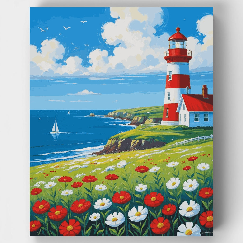 Faro costero con flores silvestres - Kit de pintura por números — Estándar
